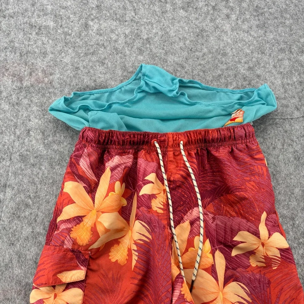 Tommy Bahama Mens Red Tropical Floral Swim Trunks Mesh Liner Cargo Pocket Sz S